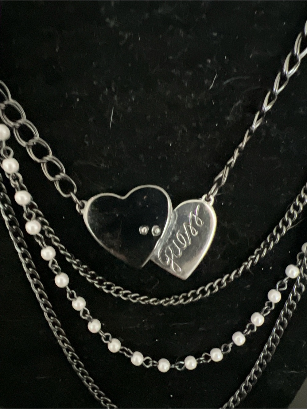 Guess hearts  Silver-Tone Layered  Necklace with Crystal and Pearl Accents - Picture 2 of 4